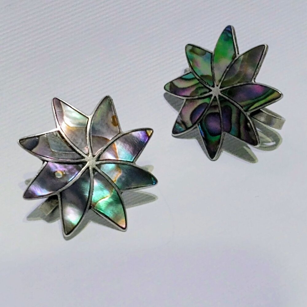 Vintage Mexico Sterling Silver Abalone Inlay Screw Back Star/Flower Earrings